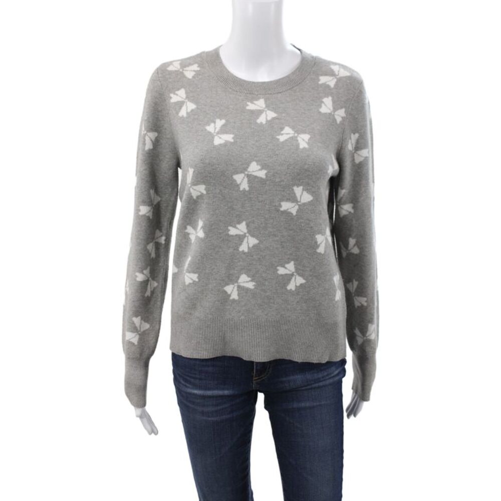 CeCe Women Gray Geometric Bow Pullover Sweater Crew Neck Long Sleeve Size S